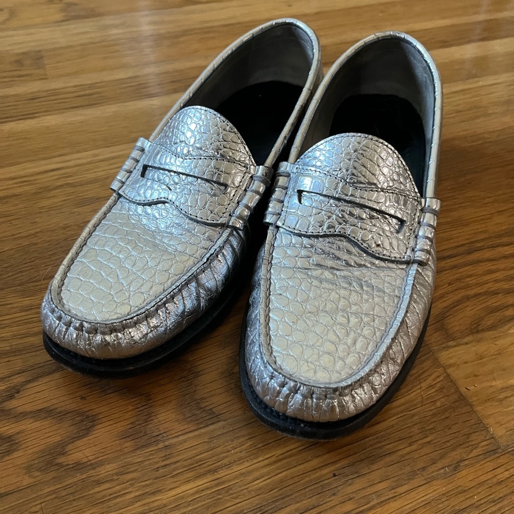 Women’s CELINE Luco Metallic Leather Loafers Silver Size 38.5 moc croc effect